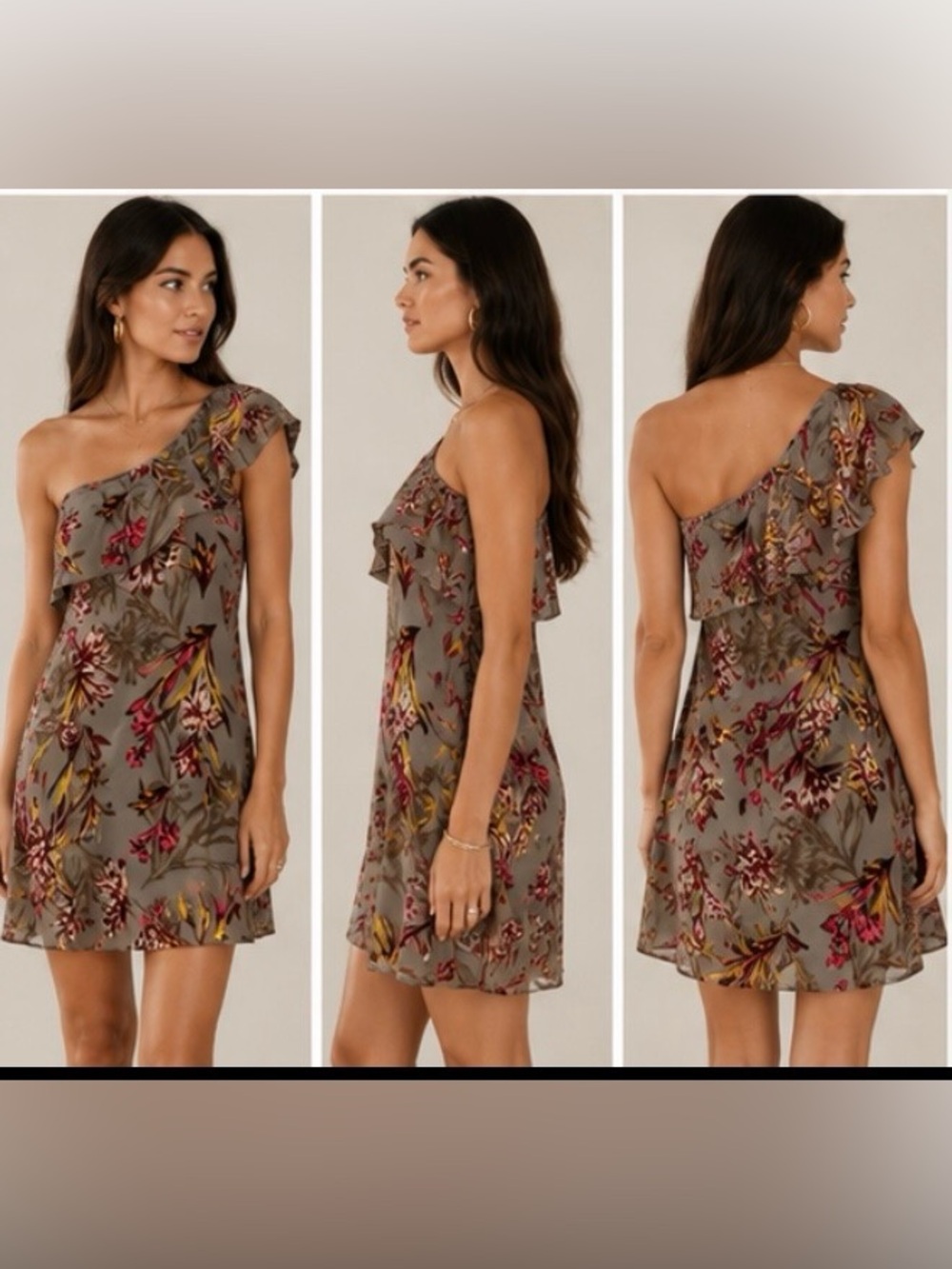 Astr Taupe One-Shoulder Floral Dress with Pink & Yellow Accents
Size S & XS